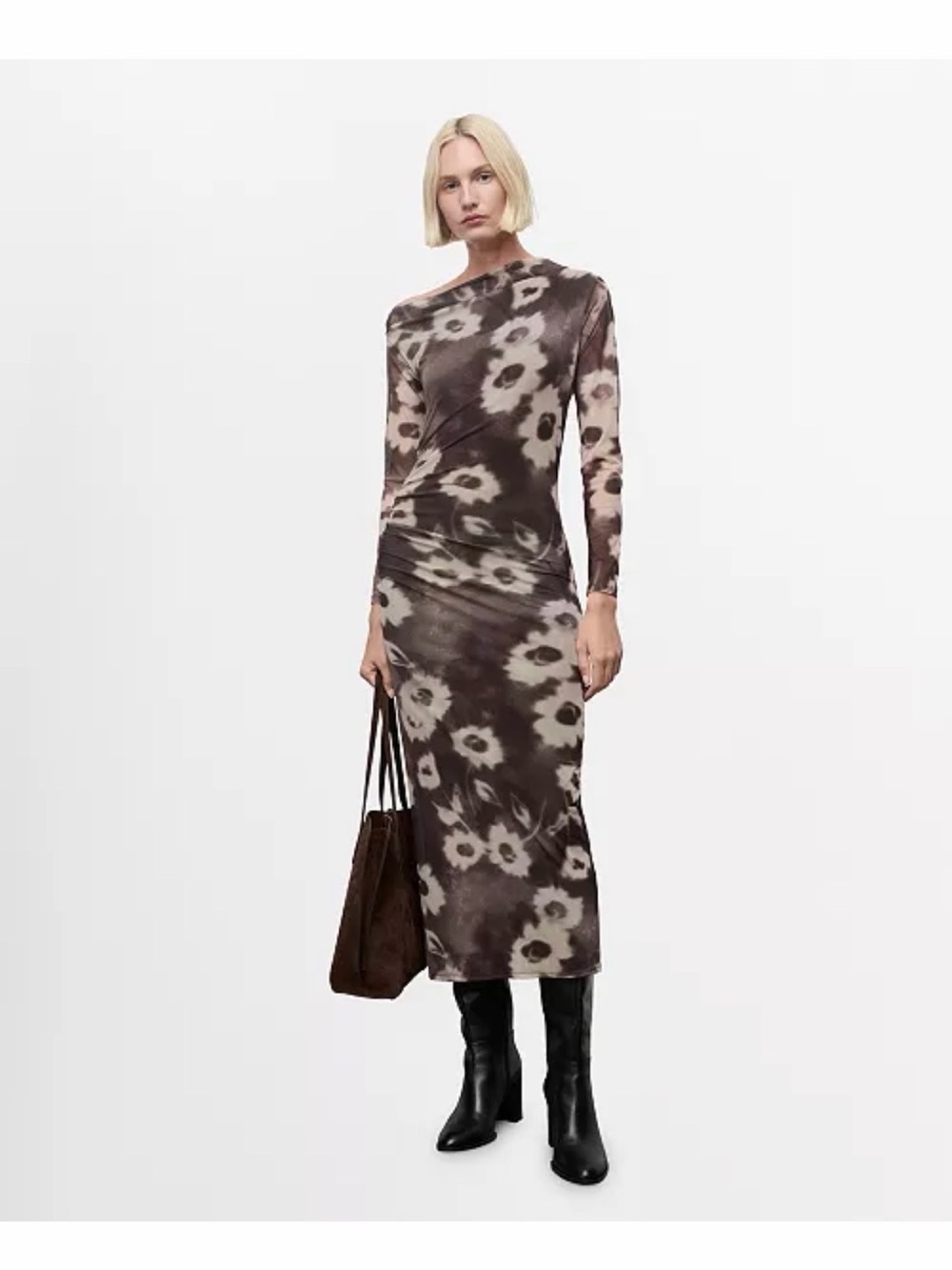 Mango Brown and Cream Floral Tie-Dye Long Sleeve Midi Dress